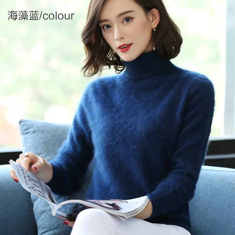 Women's Plain Roll Neck Long Sleeve Sweater Casual Knit Layer