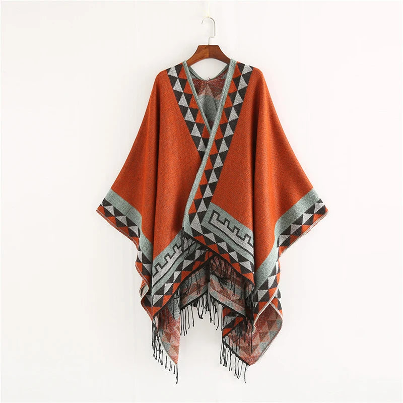 Geometric Pattern Fringed Poncho for Layering over Outfits