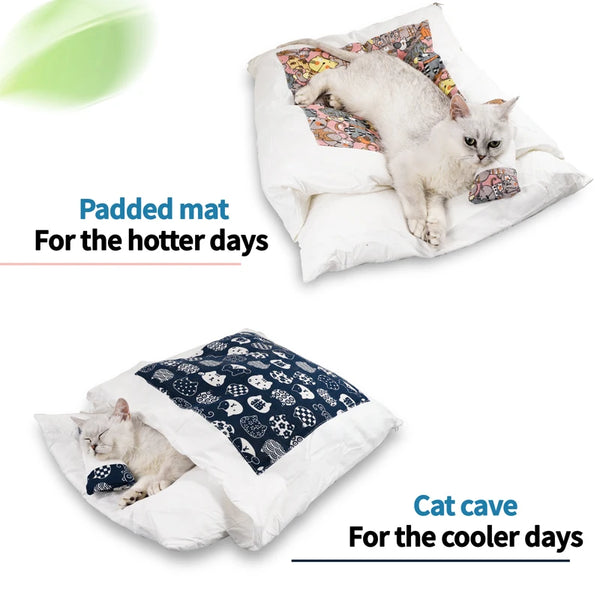 Japanese Cat Bed Warm Cat Sleeping Bag Deep Sleep Cave Winter Removable Pet House Bed for Cats Dogs Nest Cushion with Pillow