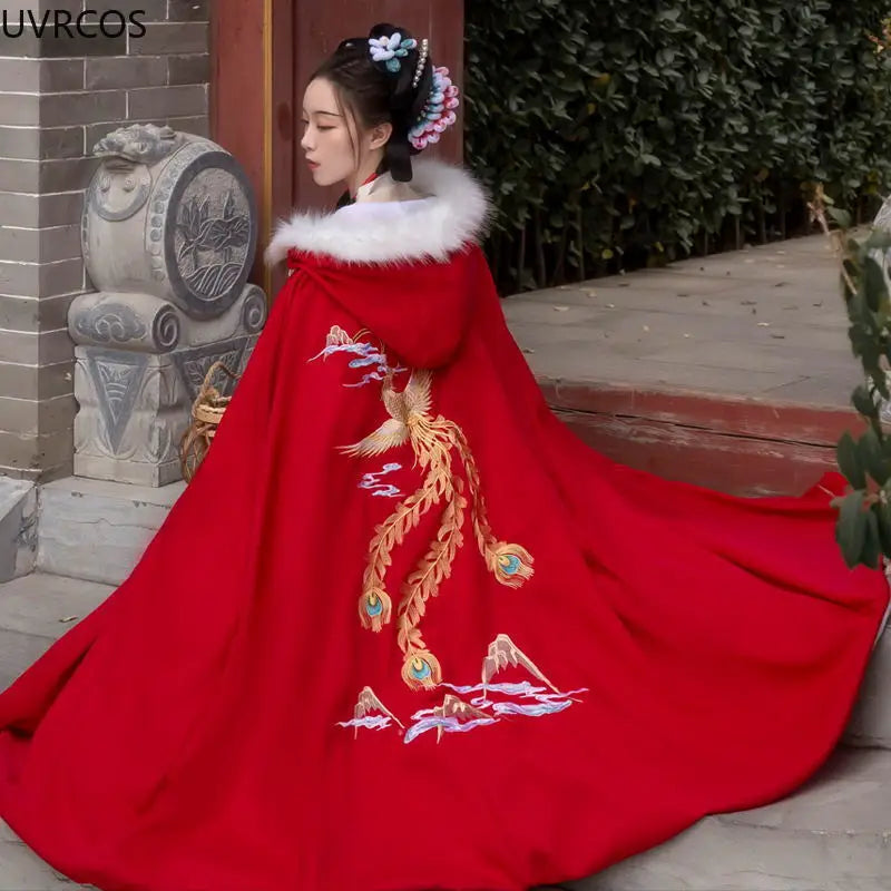 Embroidered Hooded Trim Cape for Layering over Outfits