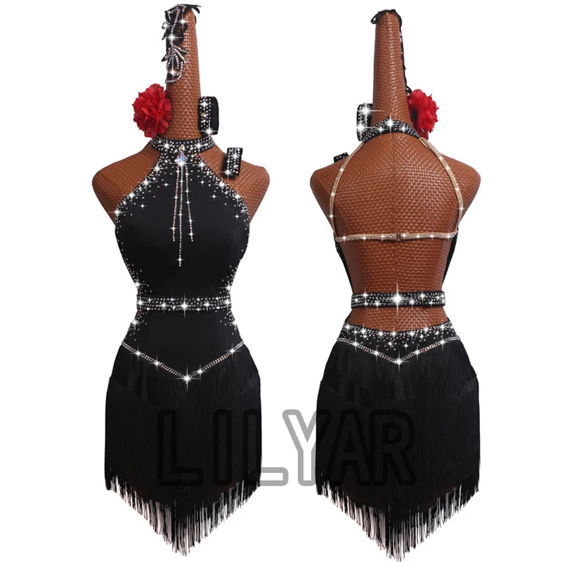 High Collar Rhinestone Fringe Latin Dance Dress with Custom Size Options