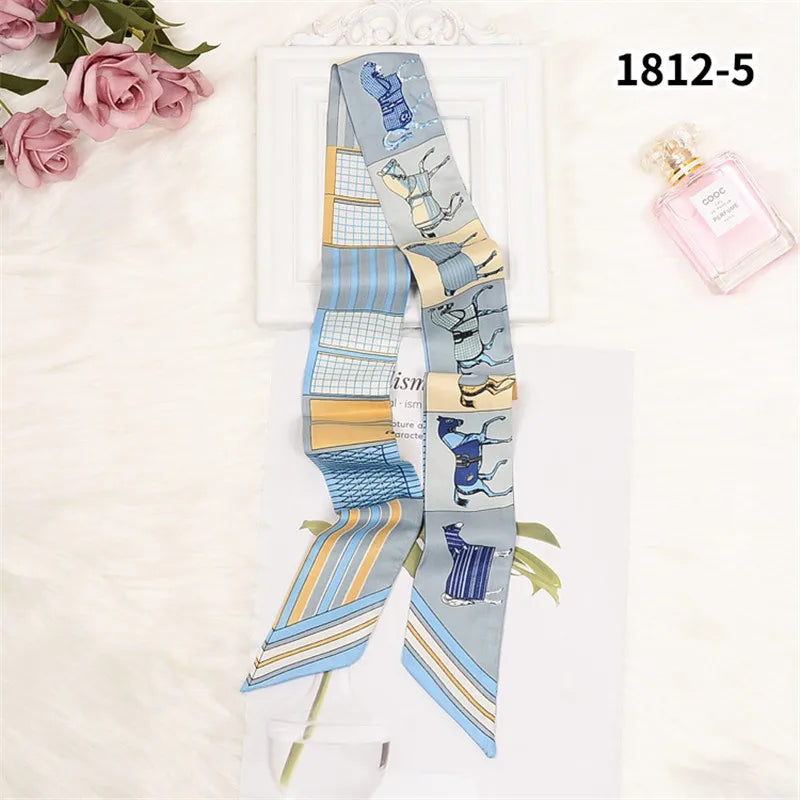 Horse Motif Skinny Ribbon Scarf with Printed Designs