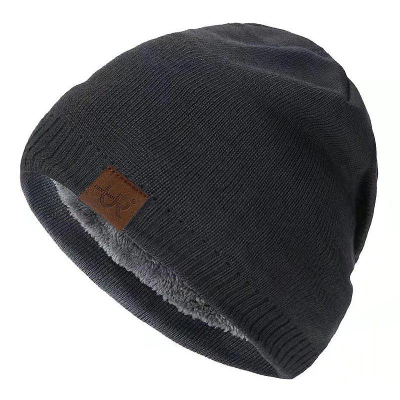 Solid Knit Beanie with Small Patch and Folded Edge