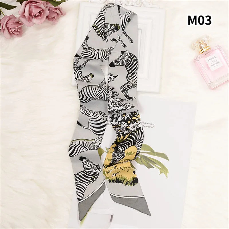 Horse Motif Skinny Ribbon Scarf with Printed Designs