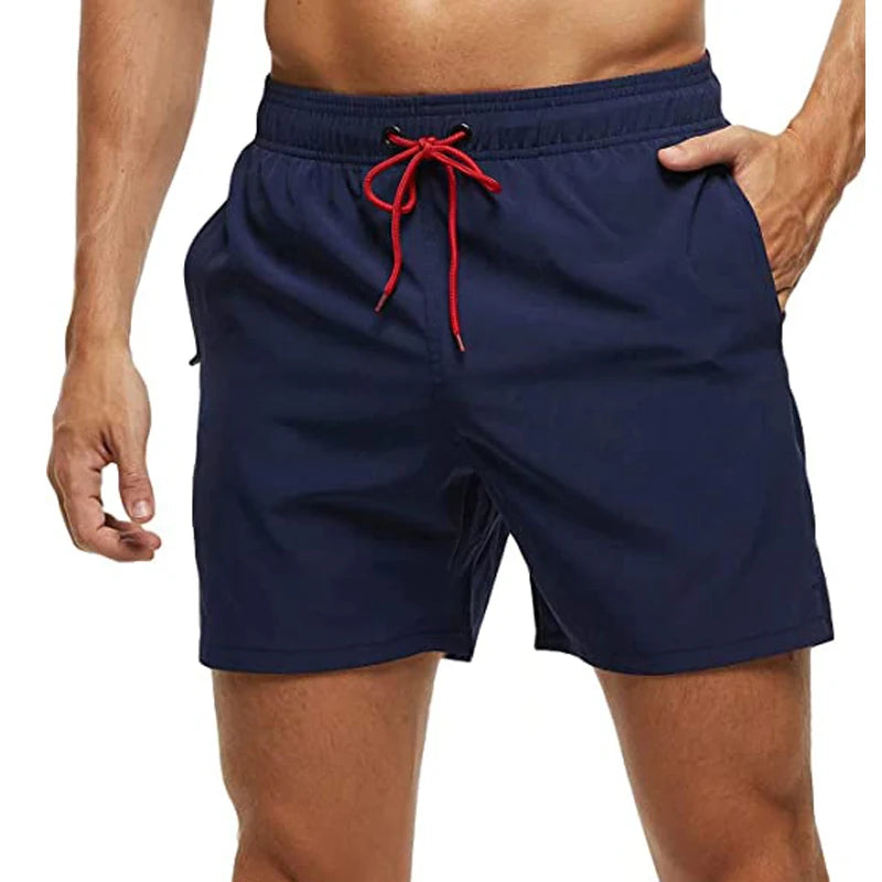 Men's Swim Shorts with Elastic Waist and Zipper Pockets for Beach and Pool Wear
