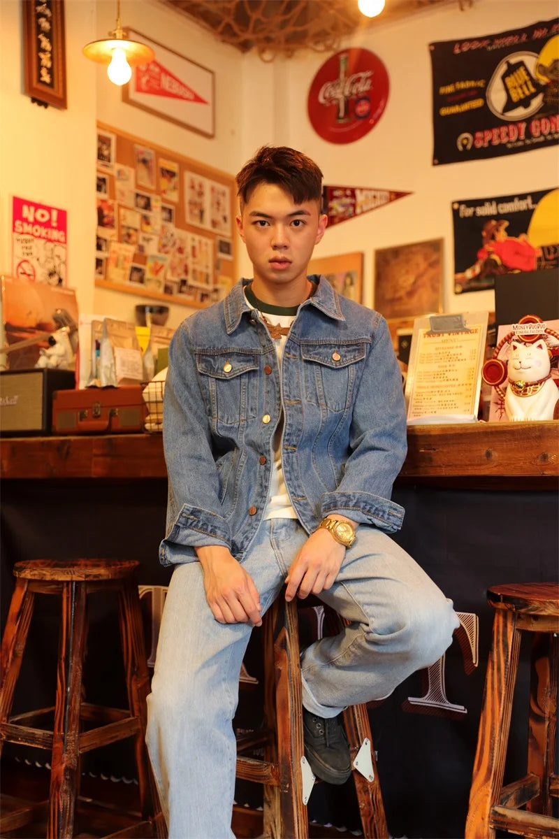 Men's Fashion Plus Size Light Blue Denim Trucker Jacket Outwear Oversized Jean Jacket