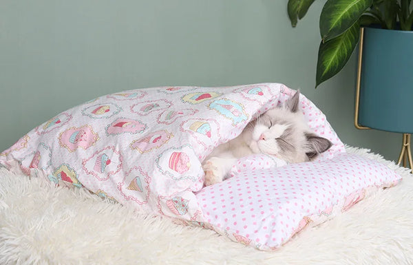 Japanese Cat Bed Warm Cat Sleeping Bag Deep Sleep Cave Winter Removable Pet House Bed for Cats Dogs Nest Cushion with Pillow