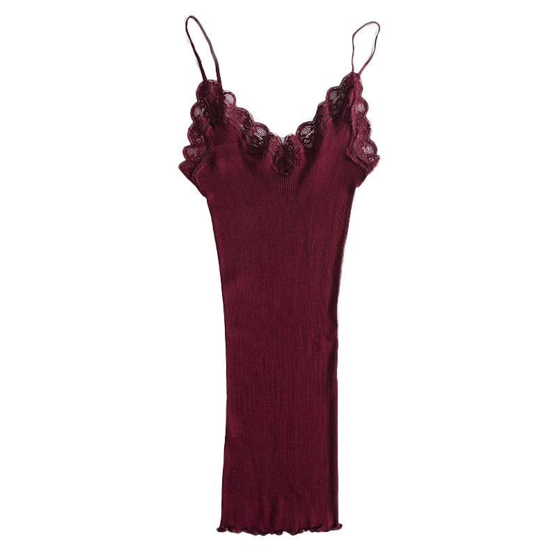 Women's Lace Trim Silk Cotton Blend Camisole with Adjustable Thin Straps