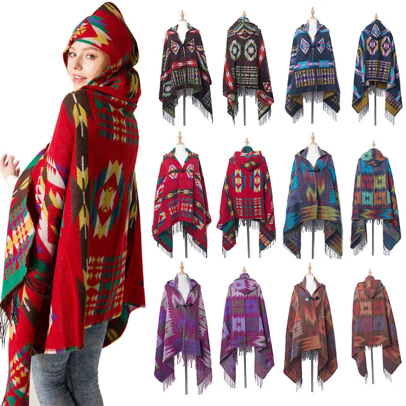 Hooded Geometric Fringe Poncho for Layering over Outfits