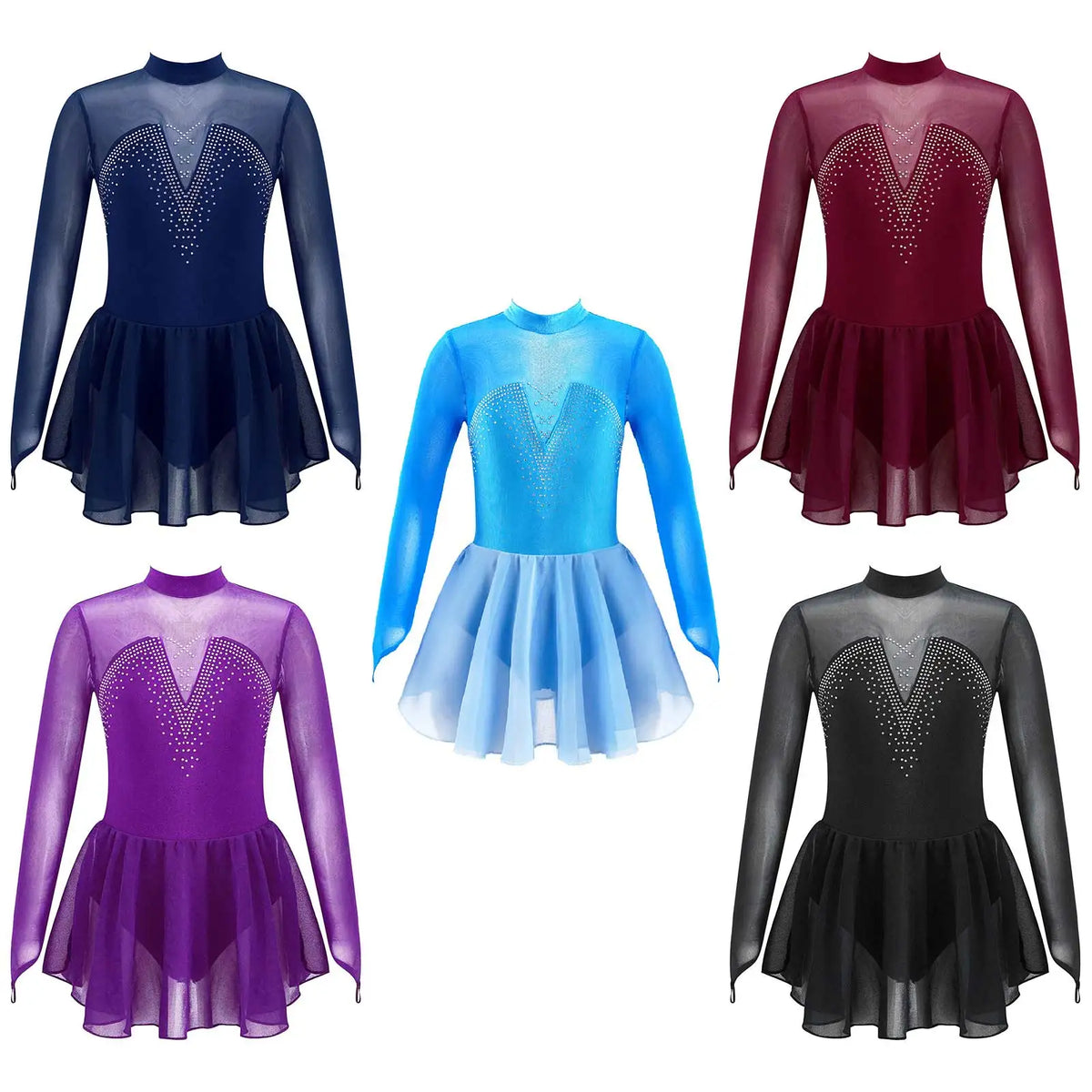 Girls' Long Sleeve Ballet Dress with Rhinestone Mesh and Tulle Skirt