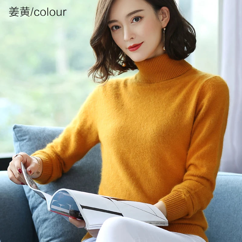 Women's Plain Roll Neck Long Sleeve Sweater Casual Knit Layer