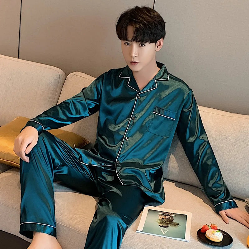 Men's Satin Look Button Front Shirt and Pants Pajama Set
