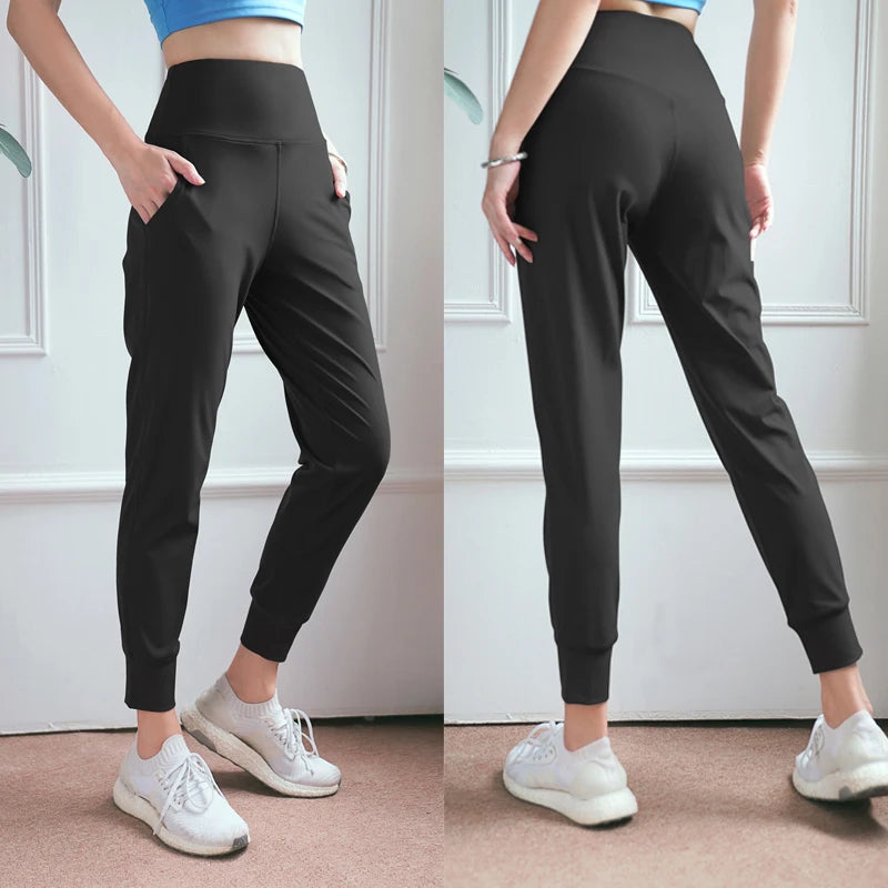 Women's High Waist Nylon Blend Workout Pants with Cuffed Ankles and Pockets