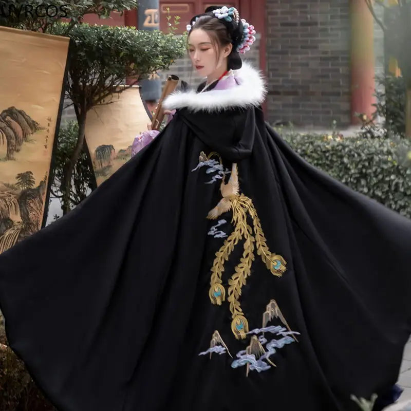 Embroidered Hooded Trim Cape for Layering over Outfits