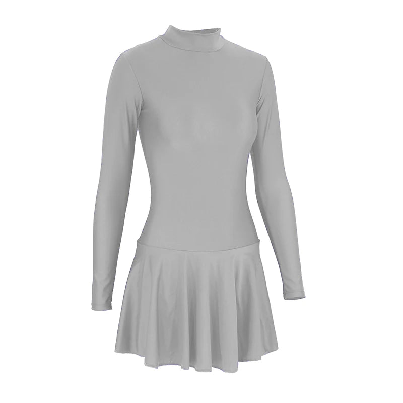 Women's Long Sleeve Skirted Ballet Leotard with Round Neck and Back Zipper
