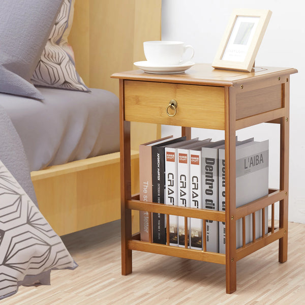 Bamboo Bedside Table with Drawer Bedroom Nightstand Plant Storage Shelving Unit