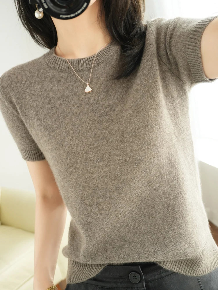 Women's Crew Neck Short Sleeve Sweater Casual Knit Layer