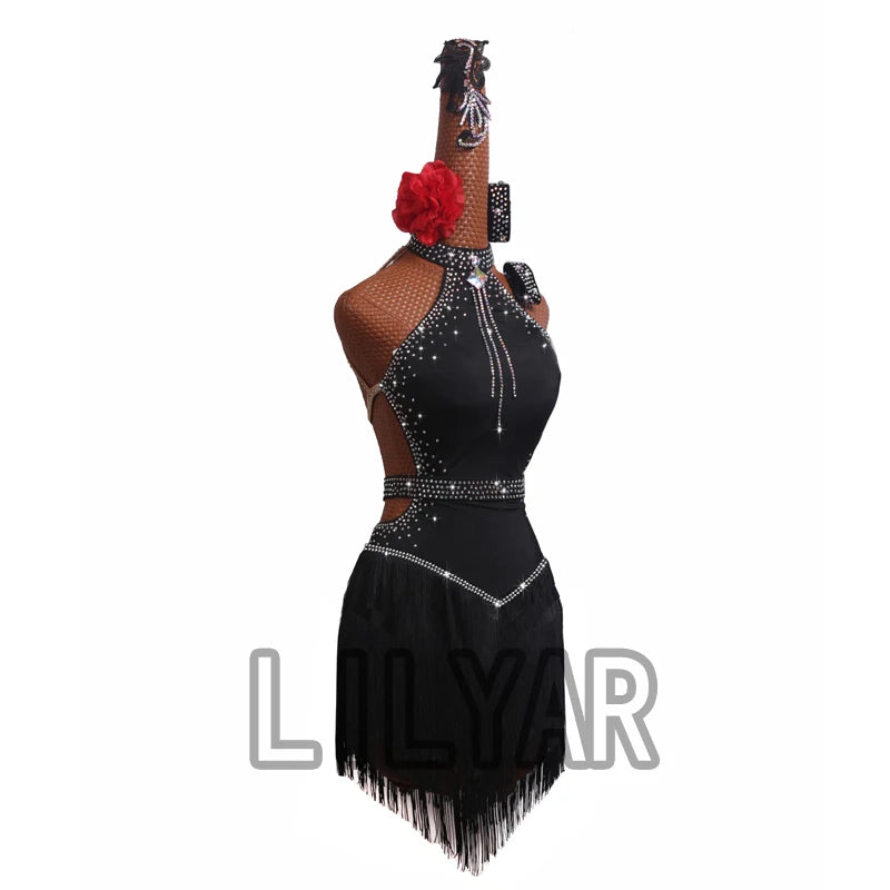 High Collar Rhinestone Fringe Latin Dance Dress with Custom Size Options