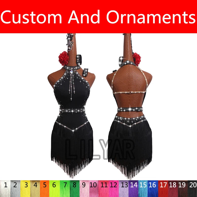 High Collar Rhinestone Fringe Latin Dance Dress with Custom Size Options