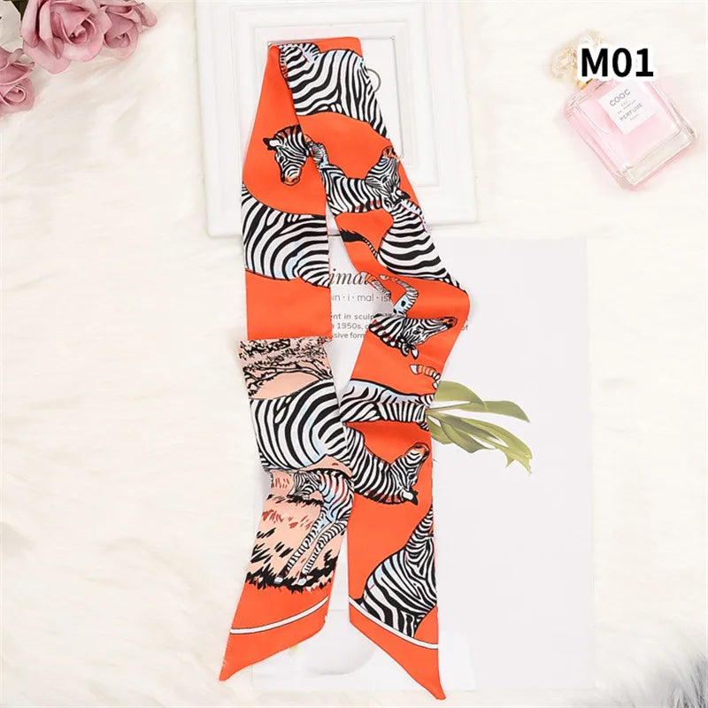 Horse Motif Skinny Ribbon Scarf with Printed Designs