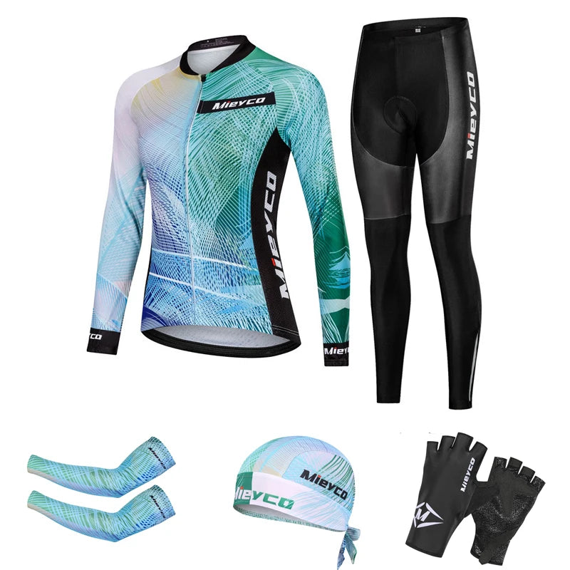 Women Long Sleeve Cycling Jersey Set MTB Bike Pants Kit Breathable Sportswear