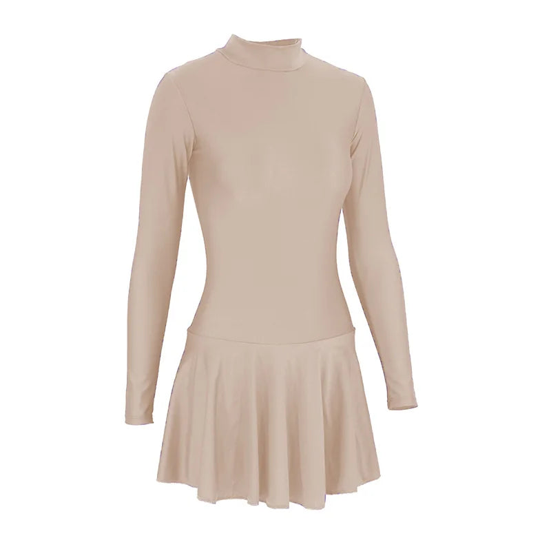 Women's Long Sleeve Skirted Ballet Leotard with Round Neck and Back Zipper