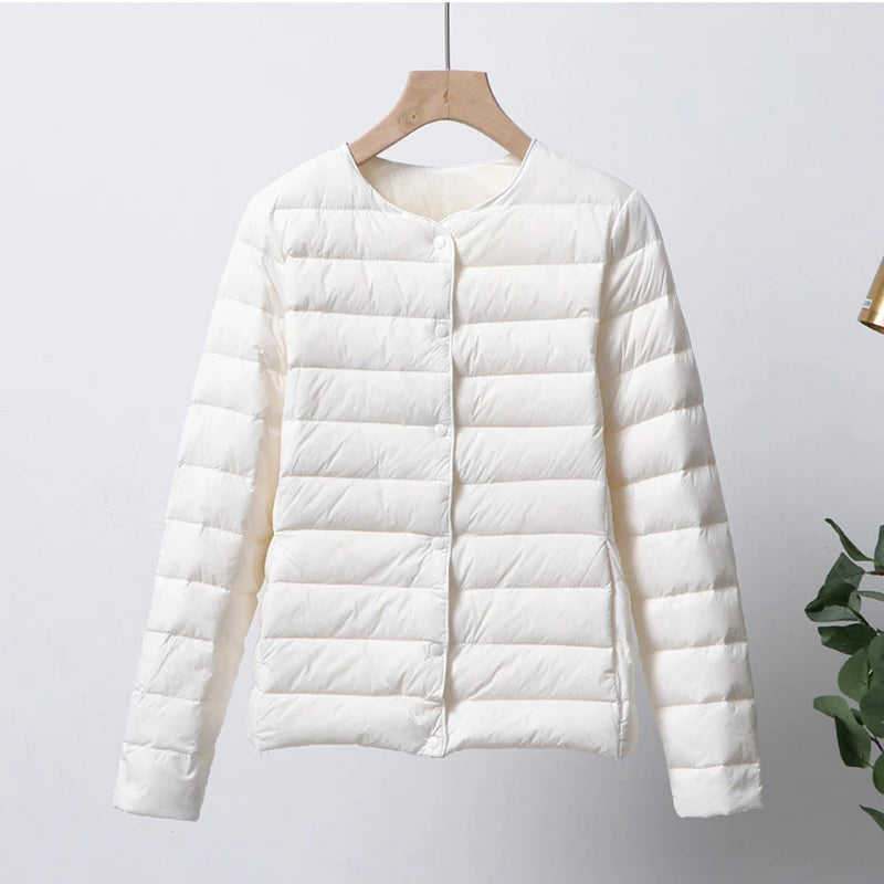 Women's Nylon-Polyester Duck-Down Quilted Long-Sleeve Button-Front Jacket for Casual Everyday Layered Outfits