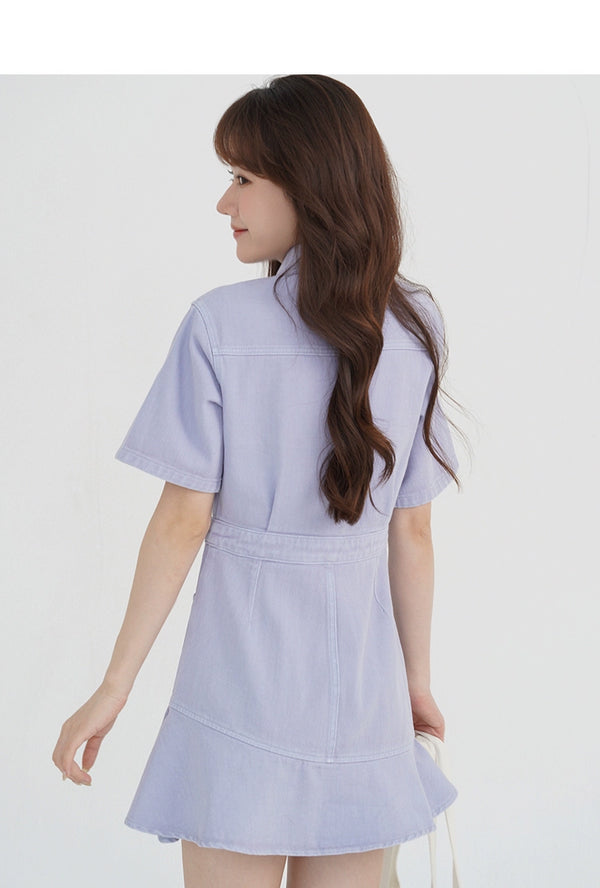 Ruffled Short Sleeves A- line Denim Dress