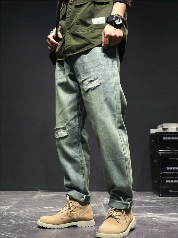 Magic Ship Autumn Ripped Jeans Men's Trendy American Retro Beggar Loose Straight Wide-Leg Pants Oversized Long Pants