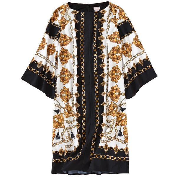 Fashion Ethnic Print round Neck 3/4 Flare Sleeve Mid Length Long Length Dress Export Original Sample Women's Clothes plus Size Summer