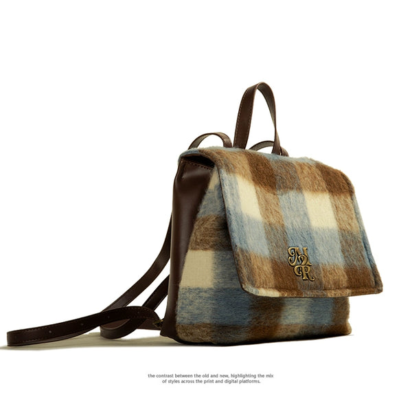 Genuine Goods British Style Woolen Plaid Contrast Color Handbag Autumn and Winter New Popular Backpack