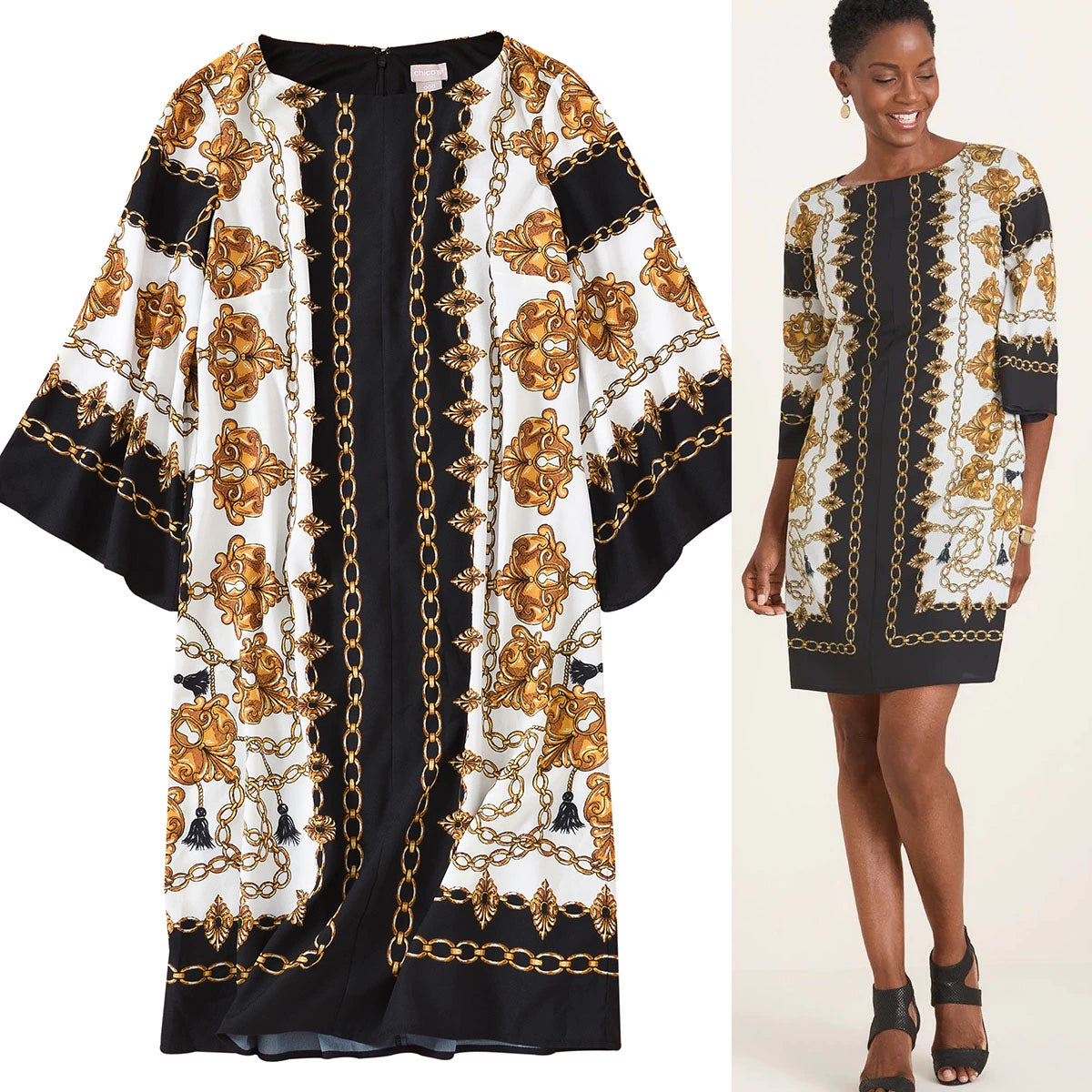 Fashion Ethnic Print round Neck 3/4 Flare Sleeve Mid Length Long Length Dress Export Original Sample Women's Clothes plus Size Summer