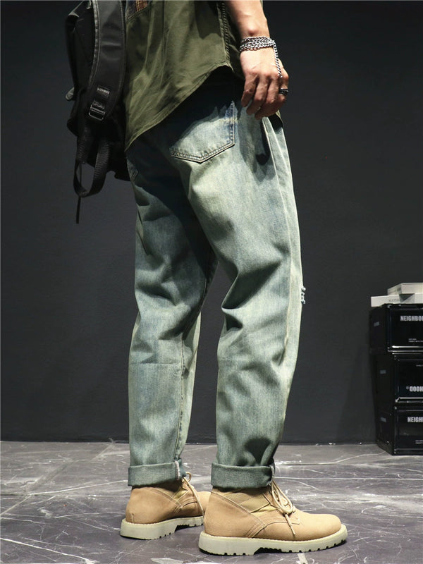Magic Ship Autumn Ripped Jeans Men's Trendy American Retro Beggar Loose Straight Wide-Leg Pants Oversized Long Pants