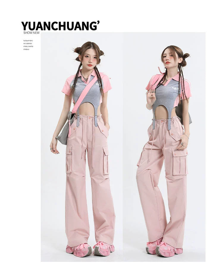 Qiyu Pink American High Waist Work Clothes Jeans for Women  Autumn New Short Straight Loose Trousers