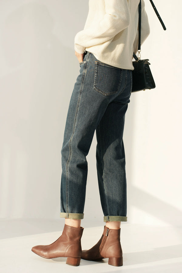Washed Straight Slim Looking Spring and Autumn Women's Jeans