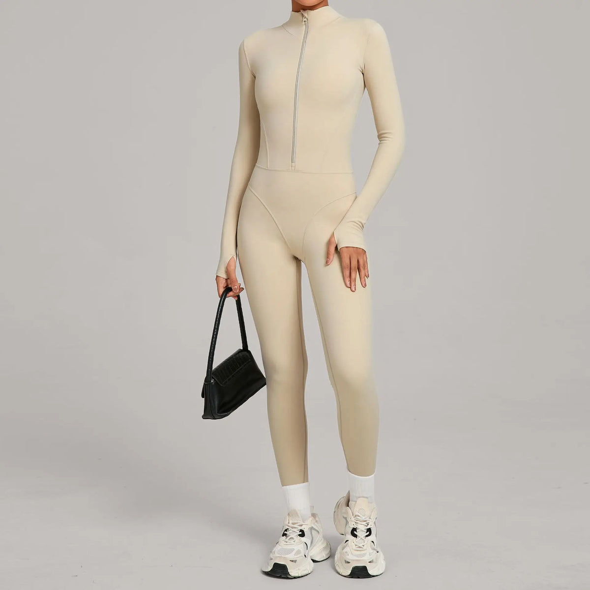 Women's Long Sleeve Nylon Blend Workout Jumpsuit with Stand Collar Zip