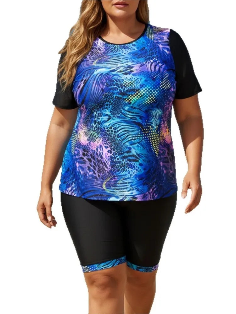 Women's Printed Short Sleeve Swim Top and Long Shorts Set
