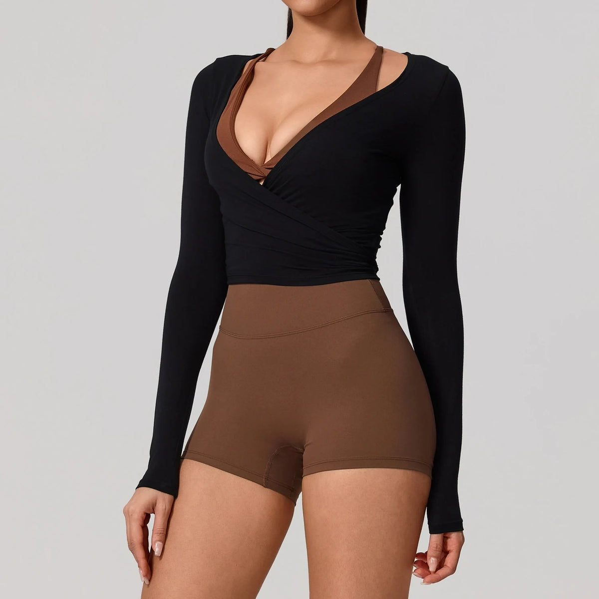 Women's Wrap Tie Front Long Sleeve Crop Top