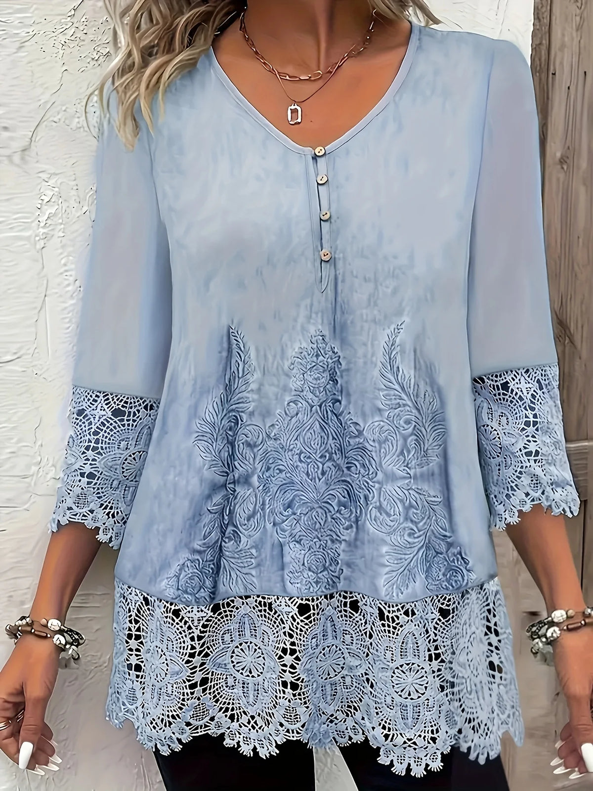 Women's Lace Trim Printed Three Quarter Sleeve Blouse