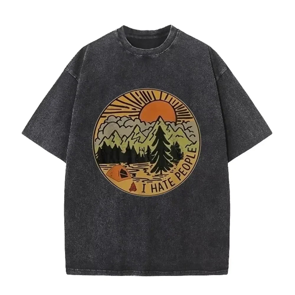 Vintage Camping I Hate People Print Washed Black Casual Outdoor T Shirt