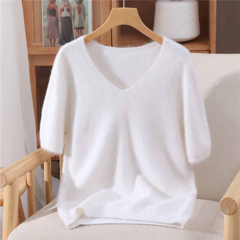Women's V Neck Short Sleeve Sweater Casual Knit Layer