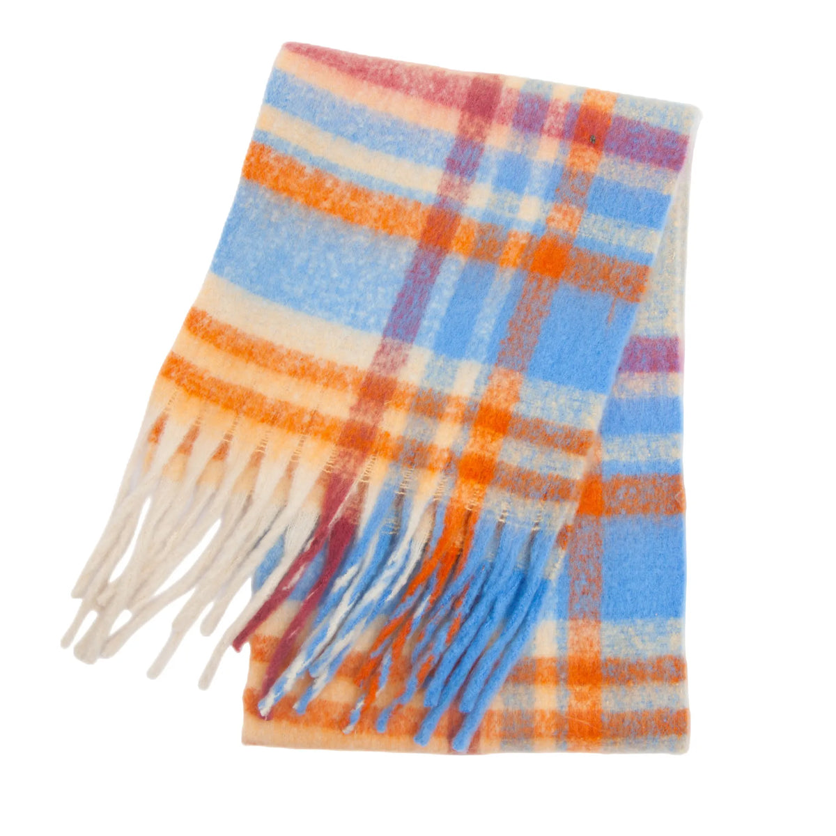 Multicolor Plaid Scarf with Long Shape and Fringed Ends