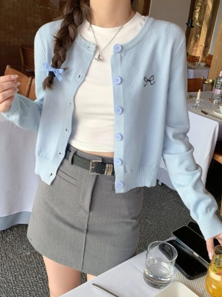 Women's Crew Neck Bow Embroidered Button Front Cardigan