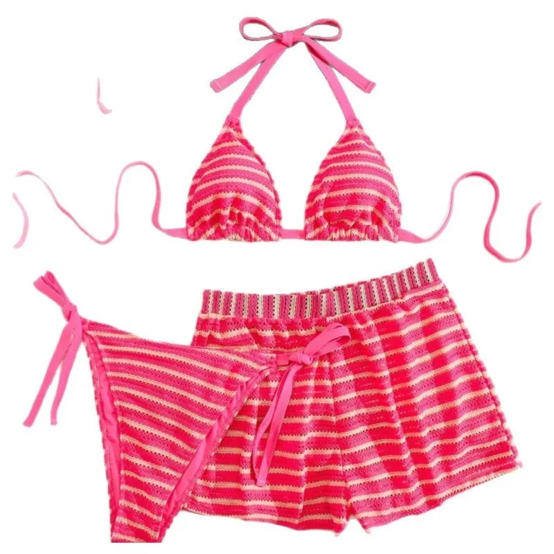 Women's Striped Triangle Bikini with Matching Swim Shorts