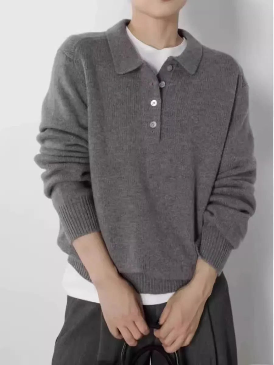 Elegant POLO semi-open neck 100%wool knitted sweater women loose long-sleeved base sweater autumn and winter