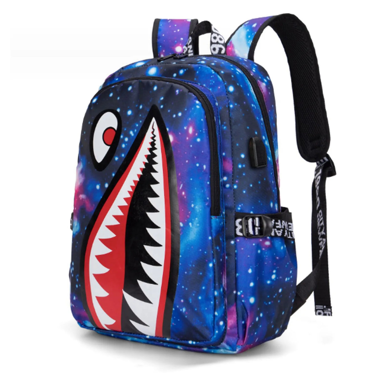 Children's Shark Print School Backpack with Zipper Opening and Front Pocket
