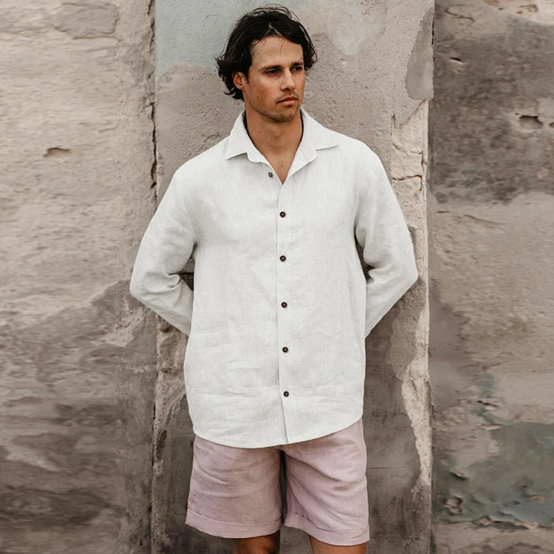 Men's Linen Long-Sleeve Button-Up Shirt with Classic Collar for Casual Daily Wear