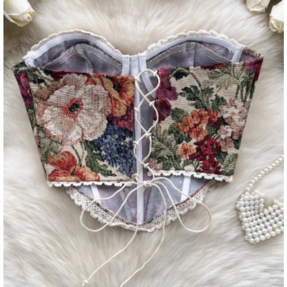 Women's Floral Tapestry Print Polyester Bustier Crop Top with Lace Up Back
