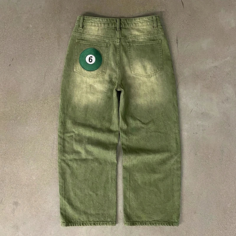 Men's Green Ball Embroidered Wide Leg Denim Jeans for Casual Everyday Wear