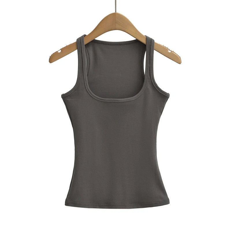 Women's U Neck Polyester Blend Tank Top with Ribbed Texture and Wide Straps